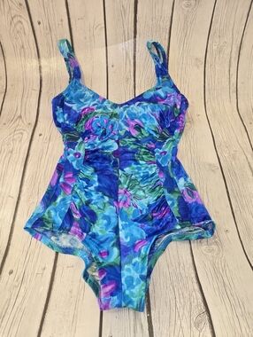 Vintage La Cove Floral One Piece Swimsuit Blue Purple Ruched High Cut Retro 90s